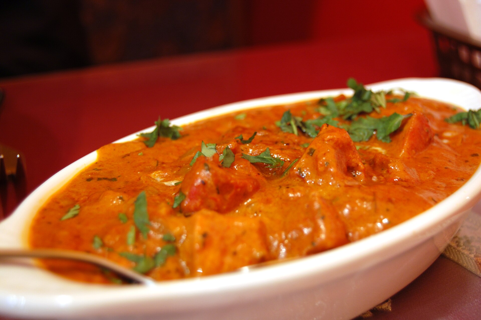 Butter chicken in a rich tomato-butter gravy.