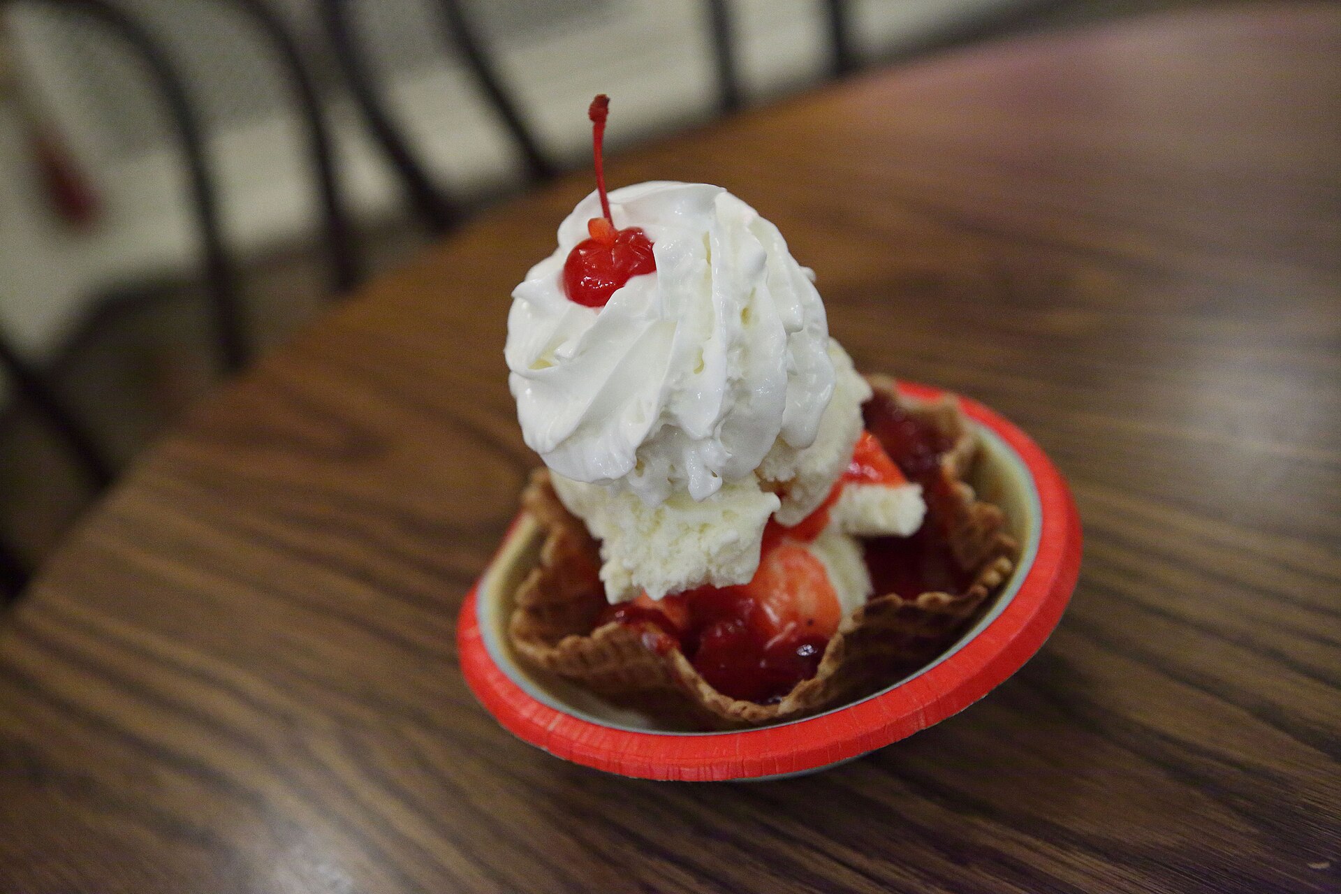 A strawberry ice cream sundae.
